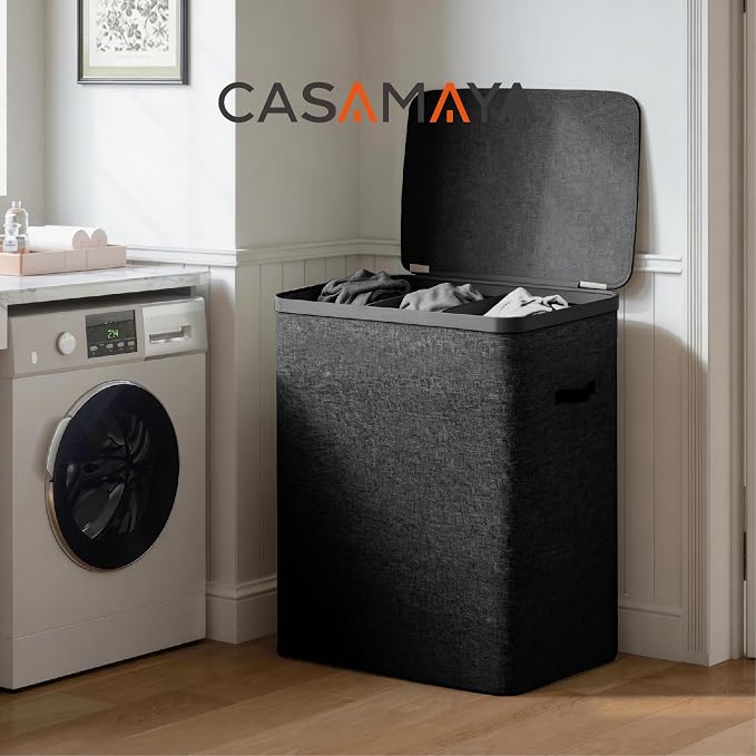 CASAMAYA Laundry Basket with Lid, Laundry Hamper 3 Section, 190L collapsible Laundry Organizer, Easy Assembly,with Handles and Removable Liners, 25.2 x 15.7 x 29.5 Inches, Black JSP904B - Image 2