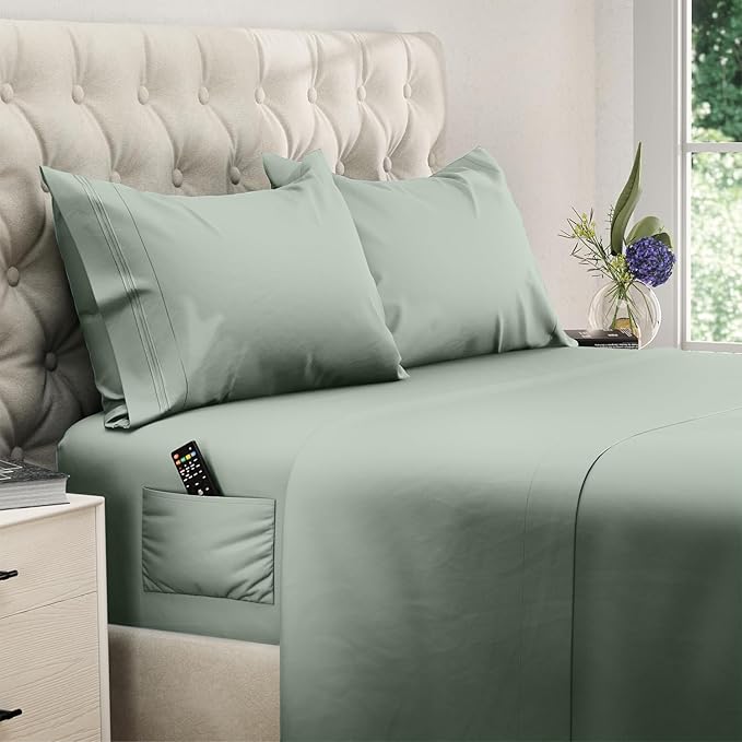 DREAMCARE Twin XL Sheet Sets - 4 pcs Breathable Cooling Bed Sheets - up to 15" Deep Pocket Twin XL Sheets Set with Side Pockets - Extra Soft 100% Brushed Hypoallergenic Hotel Luxury Bedding Sage Green
