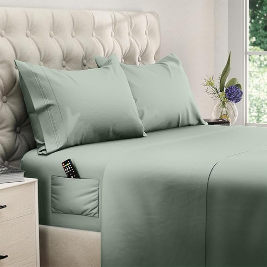 DREAMCARE Twin XL Sheet Sets - 4 pcs Breathable Cooling Bed Sheets - up to 15" Deep Pocket Twin XL Sheets Set with Side Pockets - Extra Soft 100% Brushed Hypoallergenic Hotel Luxury Bedding Sage Green