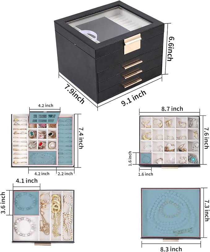 BOOVO Clear Lid Jewelry Box,4 Layers Jewelry Organizer Large Jewelry Storage Box with 3 Drawers,Jewelry Holder Organzier of Rings Earrings Necklace Bracelets for Women (Black, 4 Layer) - Image 4