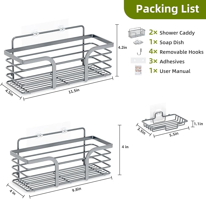 Yougai Shower Caddy, Shower Organizer with Soap Holder and Hooks, Rustproof Shower Shelves, No Drilling Bathroom Organizers and Storage, Wall-Mounted Kitchen & Home Decor, Light Grey - Image 2