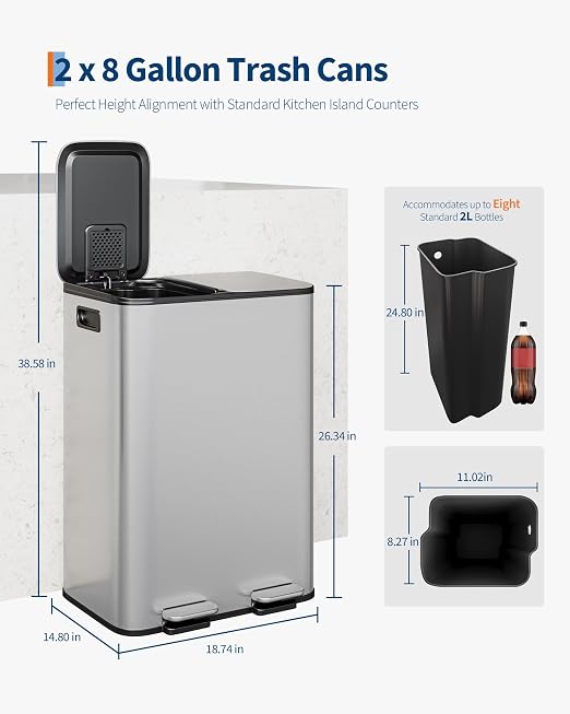 Garvee 2-in-1 Kitchen Trash and Recycle Combo, 30L (2 x 8 Gal) Stainless Steel Step Trash Can with Soft-Close Lid, Dual Compartment Garbage Bin for Kitchen - Image 6