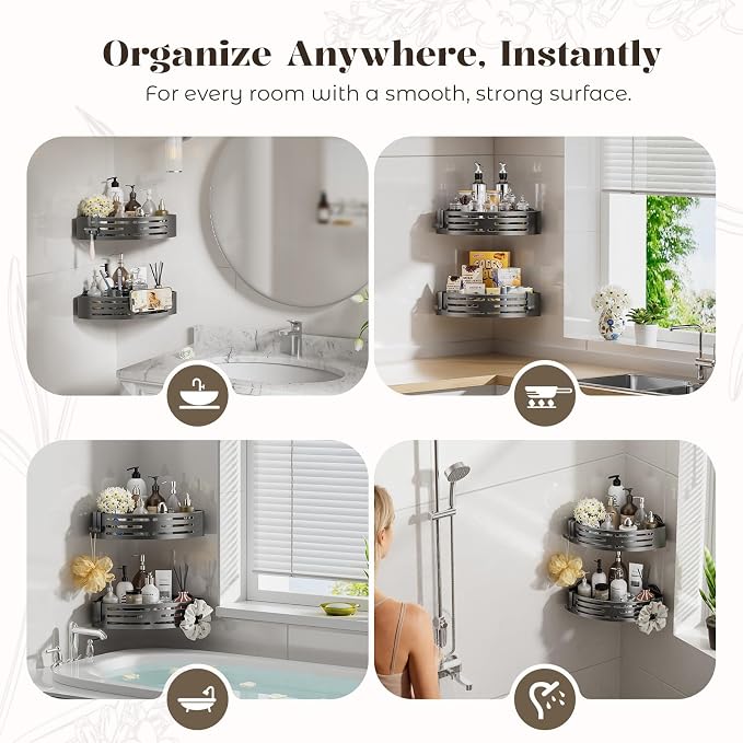 Corner Shower Caddy Suction Cup,Shower Shelves with Hooks,No Drilling Powerful Suction Bathroom Organizers and Storage,Removable Waterproof Rustproof Shower Bathroom Accessories Decor(Grey 3Pack) - Image 6