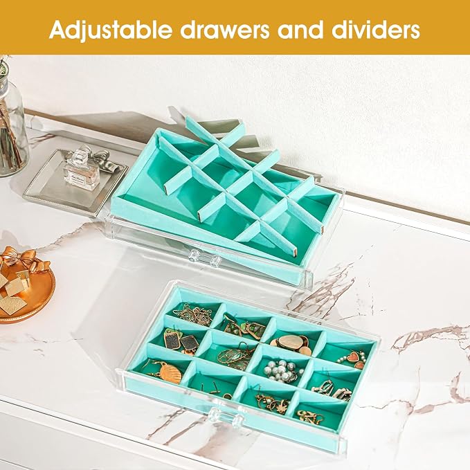 ProCase Earring Holder Organizer Jewelry Box with 5 Drawers, Acrylic Clear Earring Case with Adjustable Velvet Trays for Women - Aqua, 5 Layers - Image 2