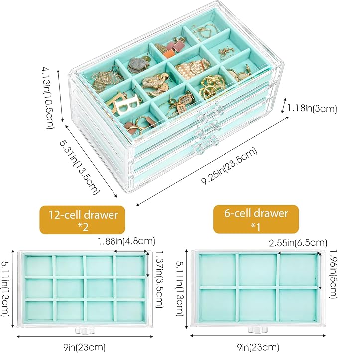 ProCase Earring Holder Organizer Jewelry Box with 3 Drawers, Acrylic Clear Earring Case with Adjustable Velvet Trays for Women - Aqua, 3 Layers - Image 4