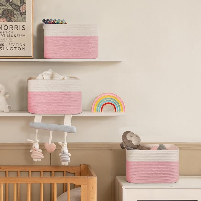 4 Pack Storage Baskets for Organizing, Woven Baskets for Shelves - Perfect for Toys, Books, Towels, and Clothes, Durable Gift Basket Bins Toy Storage, 12.7''Lx9''Wx7.8''H, Pink & White - Image 5