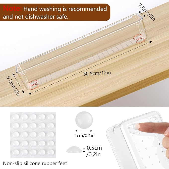 Ohlove 6 Pcs Large Clear Plastic Drawer Organizers Tray 12"x3" Storage Bins with 25 Pcs Non-Slip Pads for Makeup, Jewelries, Kitchen Utensils, Bathroom and Office - Image 3