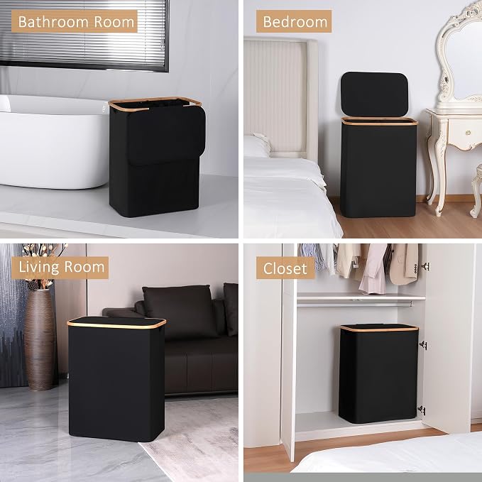 iEGrow 150L Laundry Basket with Lid,Large Laundry Hamper with Bamboo Handles, Hampers for Laundry, Dirty Clothes Hamper with 2 Removable Inner Bags for Clothes Toys Towels,Black - Image 5