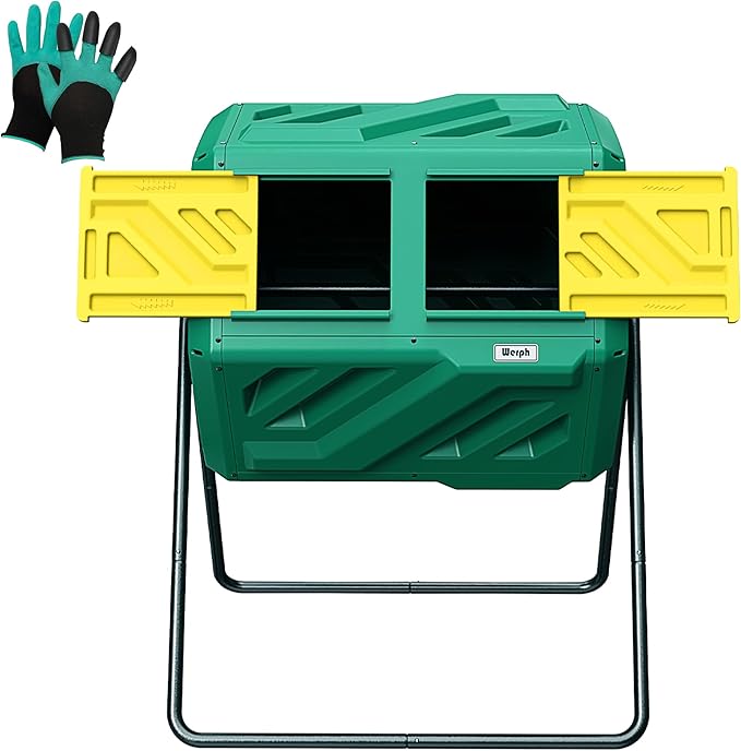 Werph 43 Gallon Compost Bin with Gloves, Fast Assembly & Easy Setup Outdoor Compost Tumbler, Updated Dual Chamber Tumbling Composter for Garden, Kitchen, and Yard Waste, Green by ColorYourLife