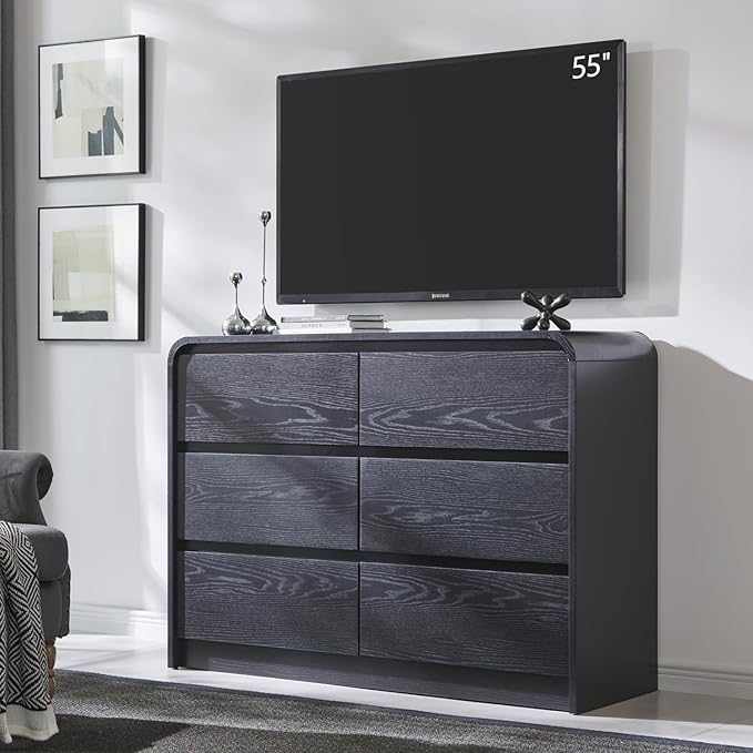 Aitjunz Modern 6 Drawers Dresser for Bedroom, 47" Wide Wood Dressers & Chests of Drawers w/Curved Profile Design, Mid Century Modern Dresser w/Natural Texture for Bedroom, Living Room, Black