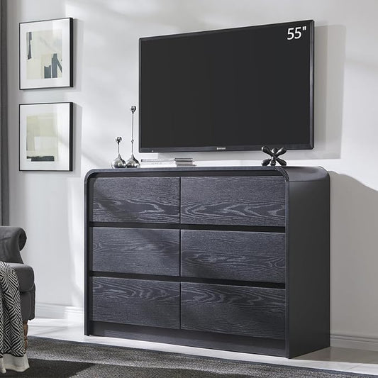Aitjunz Modern 6 Drawers Dresser for Bedroom, 47" Wide Wood Dressers & Chests of Drawers w/Curved Profile Design, Mid Century Modern Dresser w/Natural Texture for Bedroom, Living Room, Black