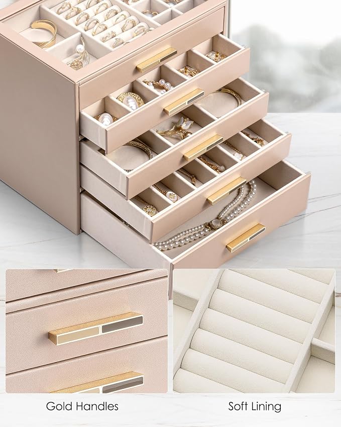 VLANDO 5 Layer Jewelry Box for Women, Glass Lid Jewelry Organizer with 5 Drawers for Necklaces Rings Earrings Bracelets - Toffee - Image 5