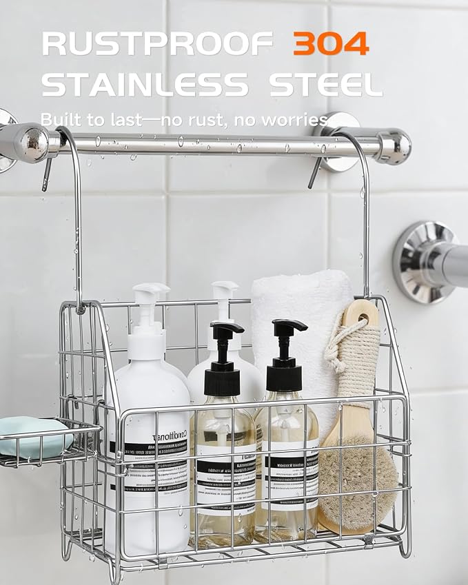 Large Rustproof Shower Caddy Hanging, 304 Stainless Steel Hanging Shower Organizer Basket for Bathroom & Bathtub, Over the Rod Shower Rack for Shampoo, Conditioner, Soap & Bath Accessories(Silver) - Image 2