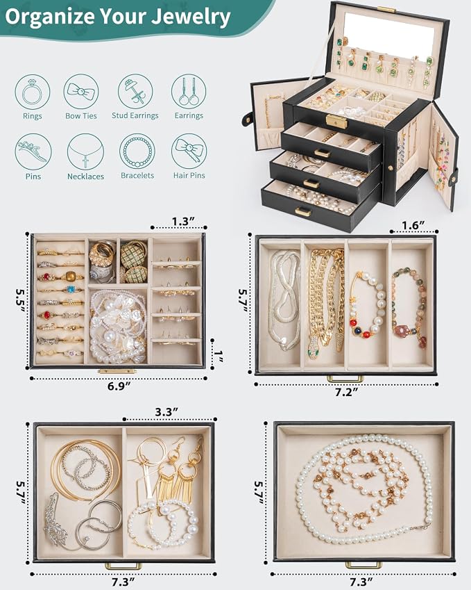 AKOZLIN Large 4-Tier Jewelry Box Leather Jewelry Storage Organizer with 3 Drawers Lockable for Women Girls Ring Necklace Earring Bracelet Watches Holder with Mirror Black - Image 3