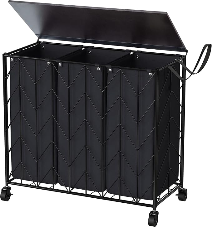 WOWLIVE Laundry Basket with Wheels, 142L Hamper 3 Section with Lid, Dirty Clothes Hamper with Removable Bags, Large Capacity Iron-Made Organizer Laundry Sorter for Dorm, Black by WOWLIVE