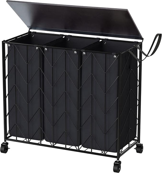 WOWLIVE Laundry Basket with Wheels, 142L Hamper 3 Section with Lid, Dirty Clothes Hamper with Removable Bags, Large Capacity Iron-Made Organizer Laundry Sorter for Dorm, Black by WOWLIVE