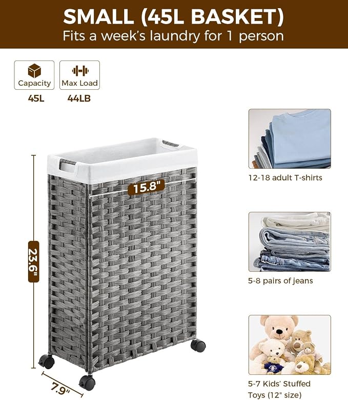 Greenstell Laundry Hamper with Wheels, 11.9 Gallon (45L) Small Clothes Hamper with 2 Removable Liner Bags & 2 Mesh Bags, Slim Rattan Laundry Basket for Bathroom, Bedroom, Grey - Image 4