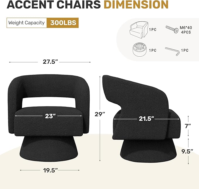 Nebuaegis Swivel Accent Chair Set of 2, Modern Comfy Teddy Barrel Chairs, Oversized Upholstered Round Arm Chair for Living Room, Bedroom, Reading Room, Black