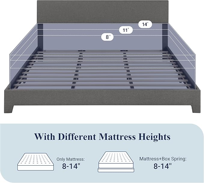 Allewie King Size Bed Frame with Adjustable Headboard, Upholstered Platform Bed with Wood Slats, Heavy Duty Mattress Foundation, No Box Spring Needed, Noise-Free, Easy Assembly, Dark Grey
