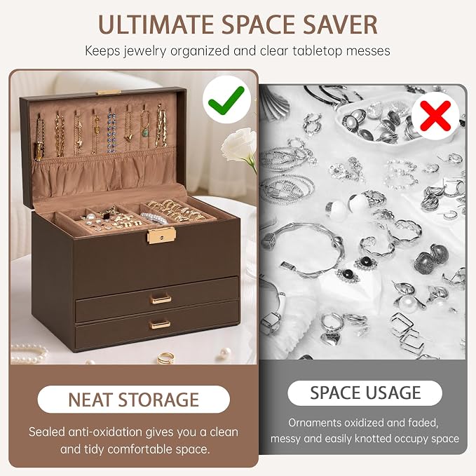 AKOZLIN Travel Jewelry Box Organizer Functional 2-trays Leather Jewelry Storage Case with Lockable Portable 2 Drawers for Women Girls Ring Necklace Earring Bracelet - Image 8