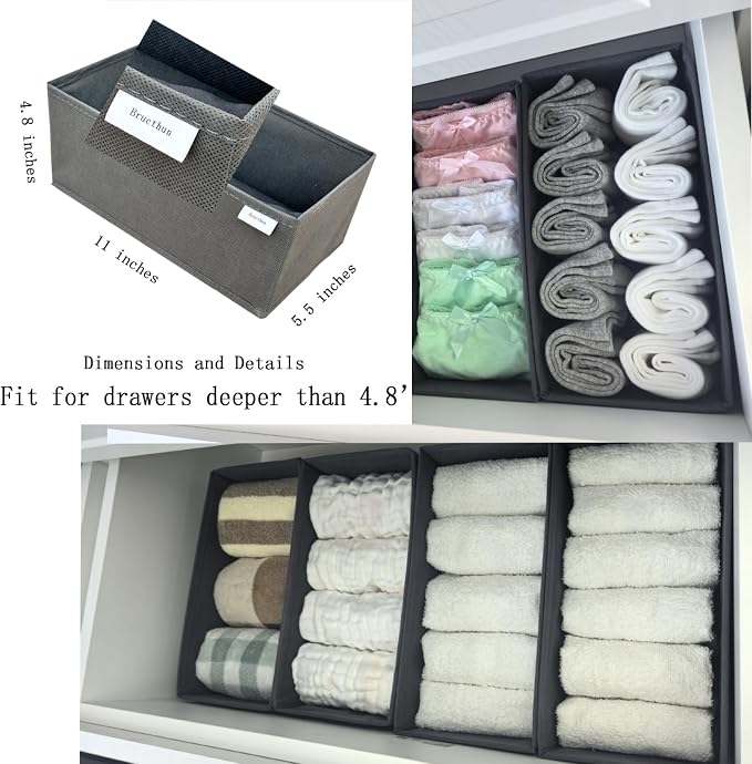 Bructhun Sock Drawer Organizer 3 Pack - Collapsible Fabric Storage Bins for Underwear Divider, Small Closet Organizers with 3 Compartments, Gray - Image 8