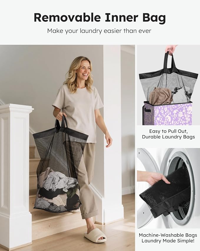 SOLEDI Laundry Hamper with Lid, 90L Tall & Large Floral Laundry Basket, Collapsible Clothes Hamper with Removable Bag, Dirty Hampers for Bedroom, Bathroom, Laundry Room - Image 4