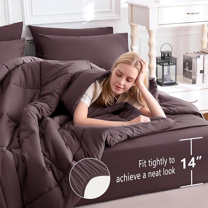 CozyLux King Size Comforter Set Cocoa Powder, 7 Pieces Bed in a Bag, Brown Comforter King Size, All Season Bedding Sets with Stitch Quilted Comforter, Flat Sheet, Fitted Sheet, Pillowcases