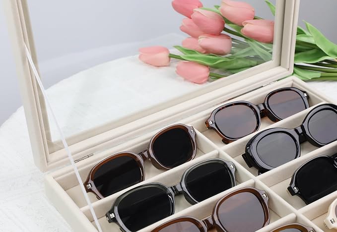 Stratalife Sunglasses Organizer Sunglass Display Tray Jewelry Tray with Lid Sunglasses Storage Case Drawer Watch Box for Men and Women Beige (8 Grids) - Image 5
