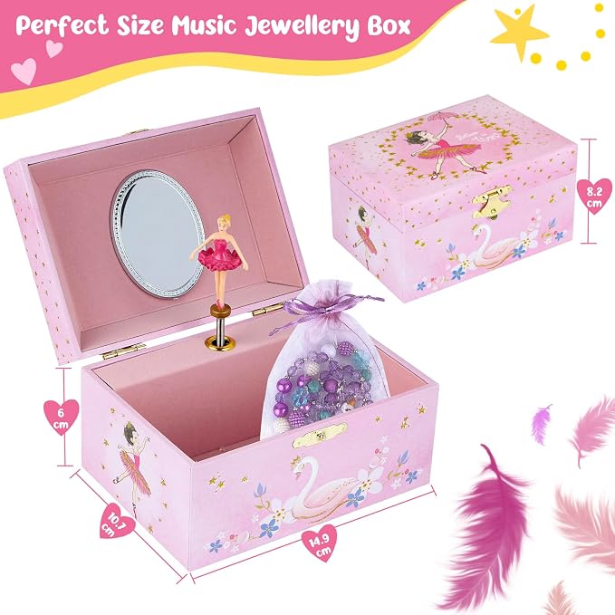 Girls' Musical Jewelry Box Organizer with Jewelry Set - glittering pink Spinning Ballerina Theme, Swan Lake Tune - Jewelry Storage and Music Box for Girls - Image 2