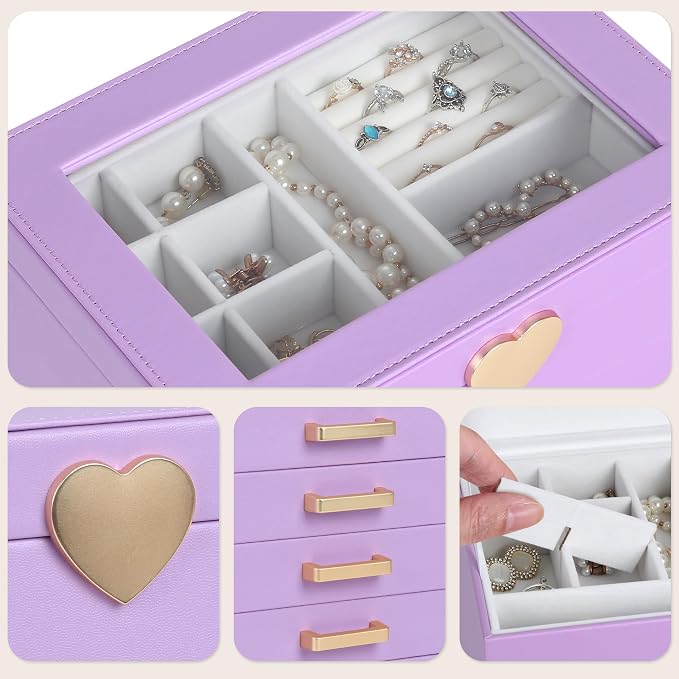 Kendal Jewelry Box, 5-Layer Jewelry Organizer Box with Glass Lid, Purple, Heart Shaped PU Leather, Storage Box for Necklace Earrings Rings Bracelets, Gift Idea for Girls LJC4DRPL - Image 4