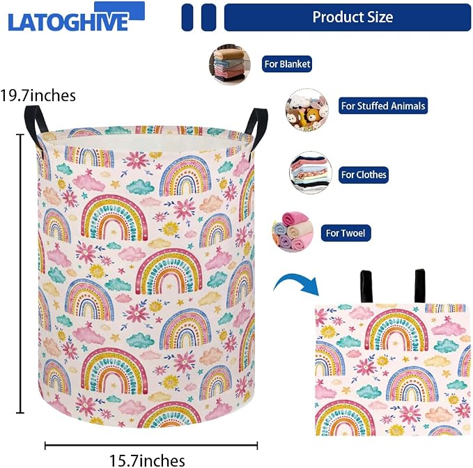 Baby Laundry Hamper kids laundry Basket Waterproof Laundry Bag for Bedroom Toy Clothes Organizer Room Décor(Pink Rainbow) - Image 2