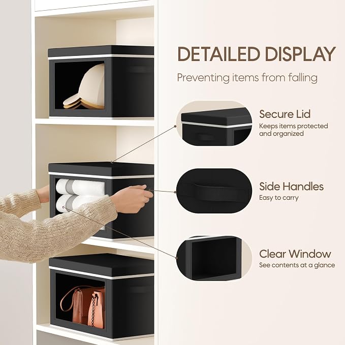 Homsorout Storage Bins with Lids - Small Fabric Organizers with Window, Collapsible Storage Bins for Clothes, Decorative Closet Organizers for Towels, Tshirt, 4 Pack, Black - Image 4