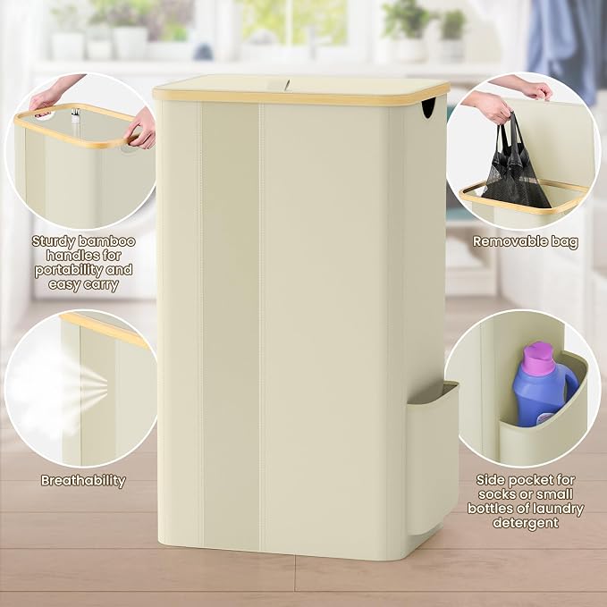 BlissTotes Laundry Basket with Lid, 100L Clothes Laundry Hamper with Handles and Removable Laundry Bag, Breathable Design Hamper with Lid for Bedroom, Bathroom, Dorm, Laundry Room - Beige - Image 4