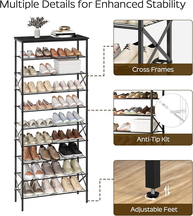 YATINEY 10 Tier Shoe Rack, Large Capacity Shoe Storage Organizer Holds 40 Pairs, Sturdy and Stable, for Entryway, Hallway, Closet, Dorm Room, Black SS10BB - Image 5