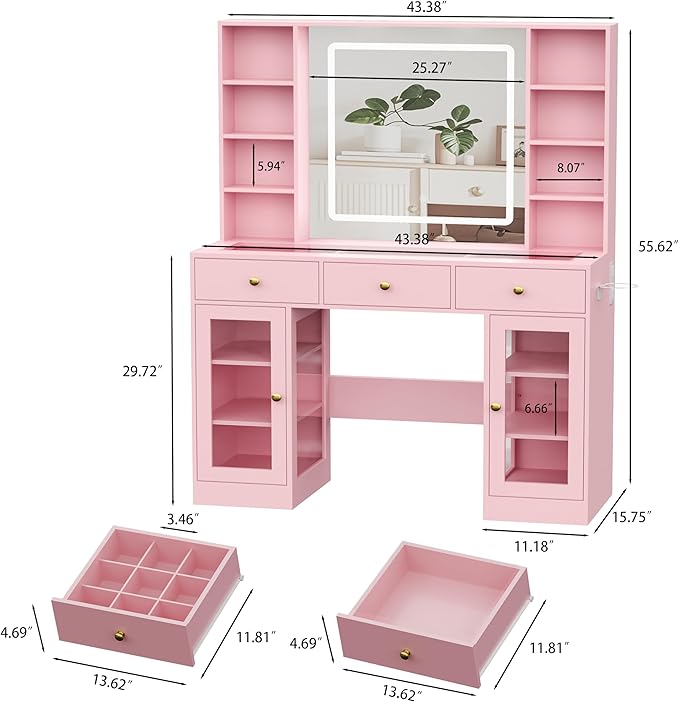 Pink Vanity Desk with Mirror and Lights, Glass Top Vanity with Lighted Mirror & RGB Cabinet and 3 Drawers, Dressing Table with 8 Shelves, Makeup Desk with Lights for Girls Bedroom, 3 Color Modes