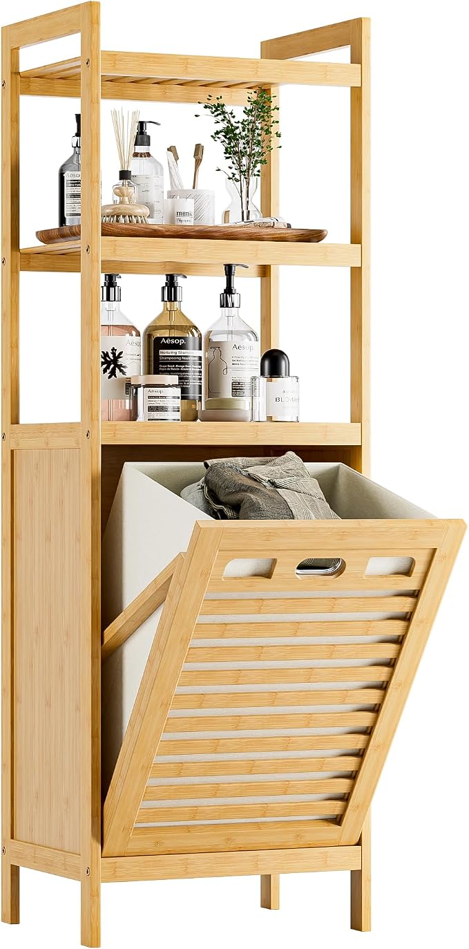 HITNET Tilt Out Laundry Hamper, Bamboo Laundry Basket with Foldable Bag and 3 Open Shelves, Freestanding Clothes Storage Organizer for Bedroom, Bathroom, Living Room, Natural by HITNET