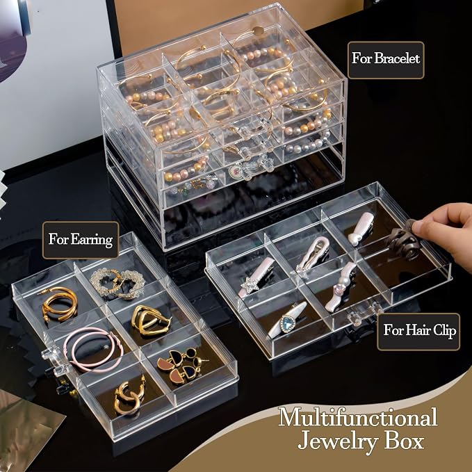 SPAKOWN Earring Organizer, Acrylic Earring Box Large 30 Compartments Jewelry Holder Organizer with 5 Drawers Stackable Earring Bracelet Storage Case Jewelry Boxes for Women (Clear) - Image 2