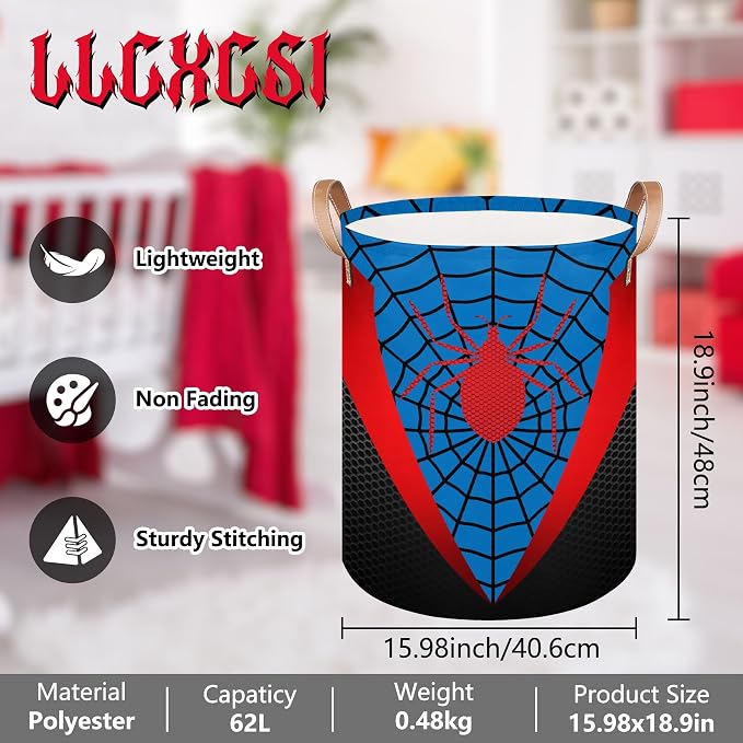 Blue Spider Web Large Laundry Hamper Basket, Round Collapsible Storage Organizer Bin for Kids, Boys, Nursery, Closet, Bedroom, Playroom, Toys, Dirty Clothes, 16"W x 20"H - Image 2
