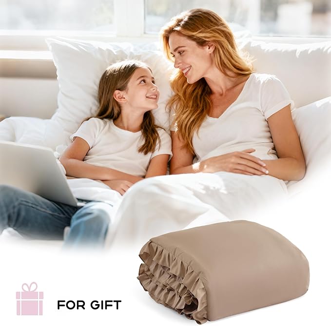 JANZAA Queen Ruffled Comforter Set 3PCS (1 Taupe Comforter Set and 2 Pillowcases) Vintage Farmhouse Shabby Chic Bedding Soft Fluffy Bed Set All Season