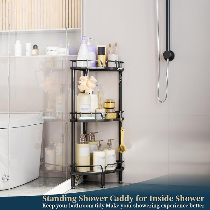 Consumest Corner Shower Caddy Stand - 3 Tier Shower Organizer with Soap Holder, Tall Floor Corner Shelves Standing with Adjustable Feet & 4 Hooks, Storage Rack for Bathroom Black - Image 5