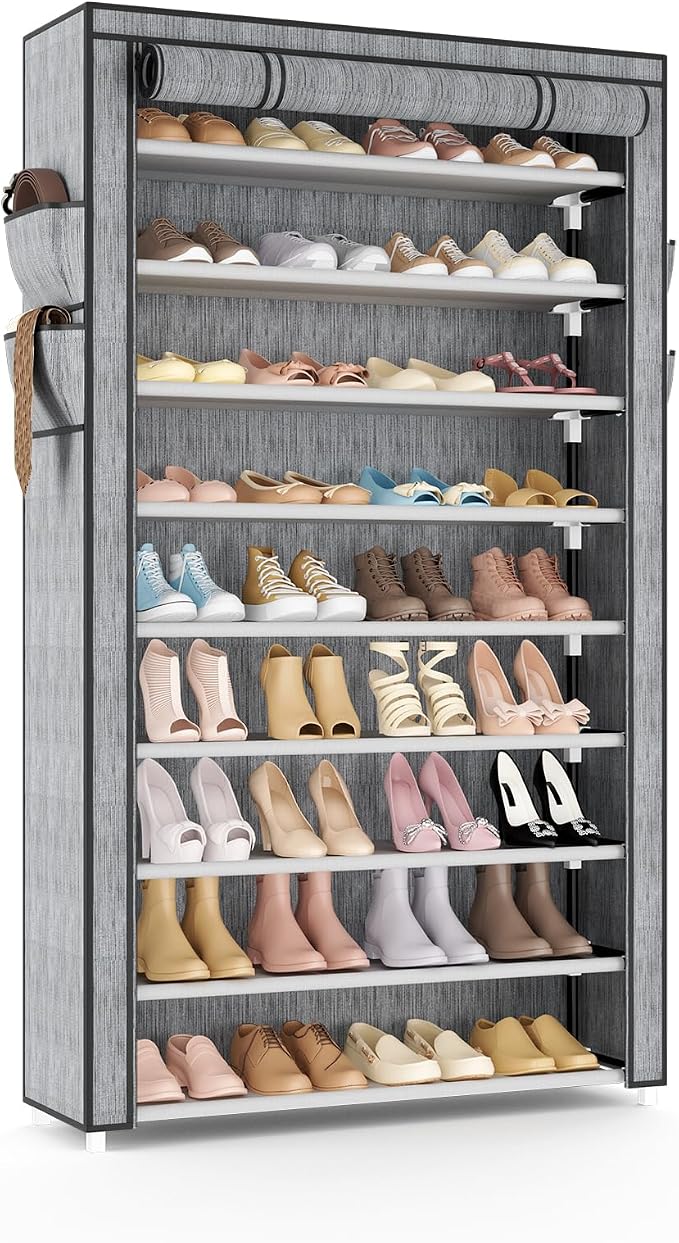 VILICK Shoe Rack with Cover Narrow Shoe Organizer with Pockets 10 Tier Tall Shoe Storage Holds 36-41 Pairs Shoes and Boots Shoe Rack for Closet Entryway Garage, Printing by VILICK