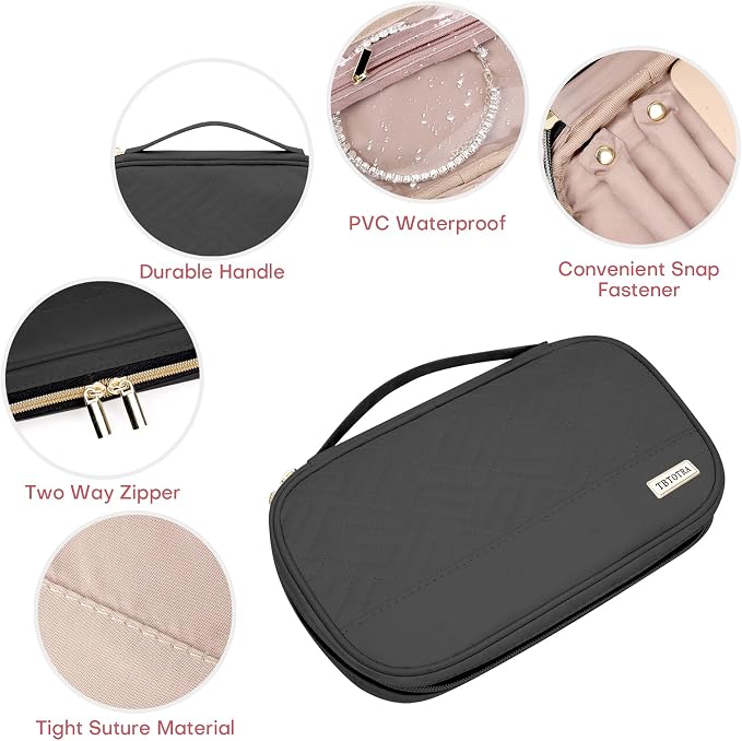 Jewelry Travel Case Organizer for Necklaces, Earrings, Rings, Bracelet, Watch, Soft Sided, Black - Image 4
