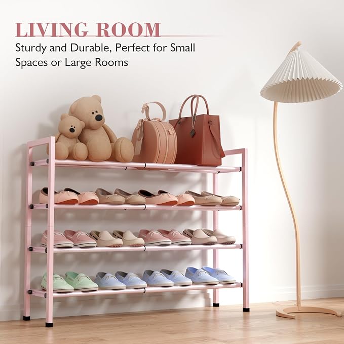 Bumusty 4-Tier Expandable Shoe Rack for Closet, 18“-33” Adjustable Shoe Rack for Small Space, Small Shoe Organizer for Front Door, Sturdy Metal, Pink - Image 6