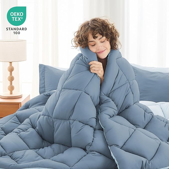 MUXHOMO 7 Pieces Queen Comforter Set, Reversible Bed in a Bag Queen Size, All Season Bedding Set with Comforter, Flat Sheet, Fitted Sheet, Pillowcases & Shams, Mineral Blue & Light Blue