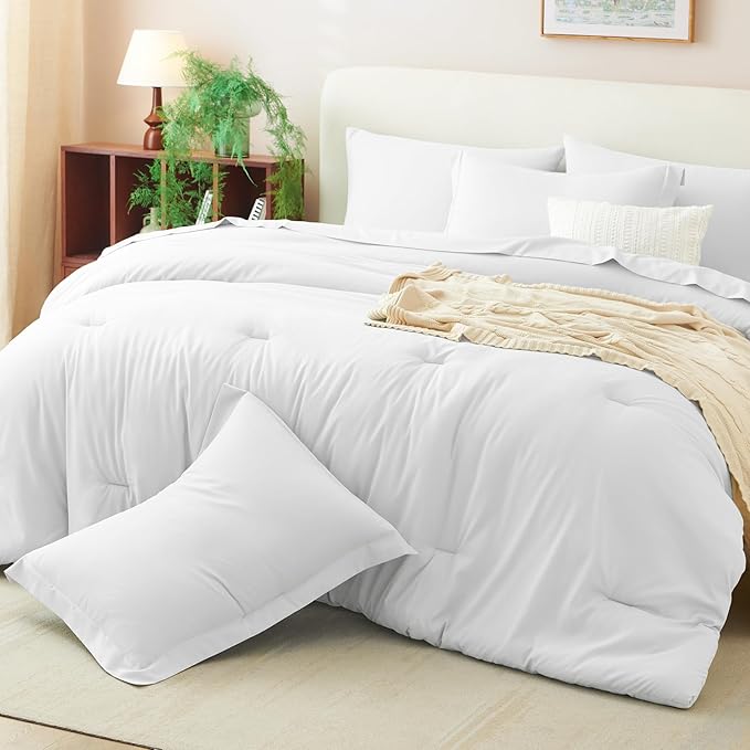 CozyLux Queen Comforter Set White, 7 Pieces Bed in a Bag Queen Comforter Set with Sheets, Luxury Soft Bedding Sets with Down Alternative Comforter, Fitted Sheet, Flat Sheet, Pillowcases & Shams