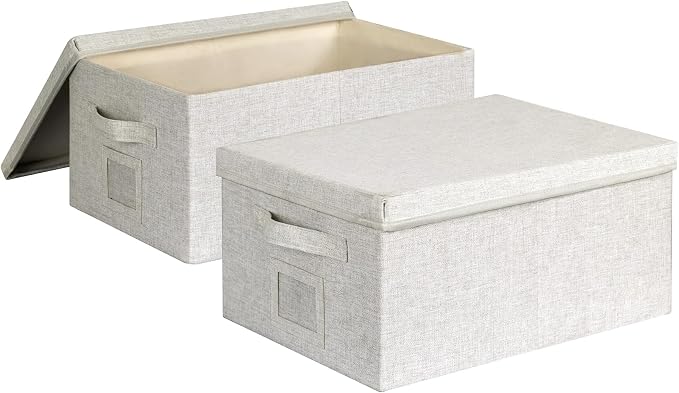 Large 17''x12'' Quart Collapsible Stackable Storage Bins with Lids, 2 Packs Off White Fabric Closet Boxes with Lids, Storage Cube Baskets Container Organizers for Bedroom Office(17''x12.2x''8'') by GraciadecoStorage