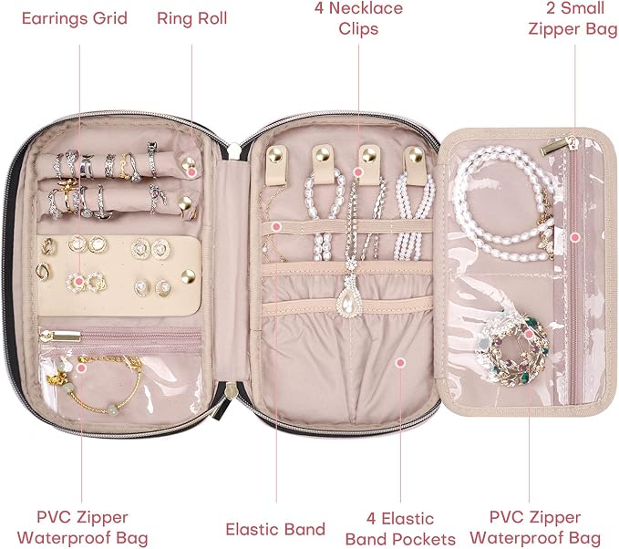 Jewelry Travel Case Organizer for Necklaces, Earrings, Rings, Bracelet, Watch, Soft Sided, Pink - Image 3