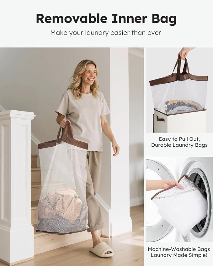 SOLEDI Clothes Hamper with Lid - 100L XL - Large Laundry Basket with Removable Bag, Collapsible Laundry Baskets, Convenient Storage - Hampers for Laundry for Bedroom, Bathroom, Closet, Dorm, Off-White - Image 5