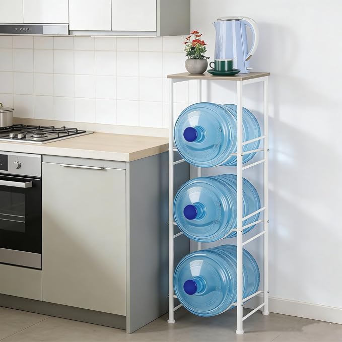 OYEAL Water Bottle Storage Holder 5 Gallon Drink Dispenser Stand with Table 3-Tier Heavy Duty Water Cooler Jug Rack Water Bottle Organizer for Kitchen, Office, Living Room, Rustic Grey - Image 3