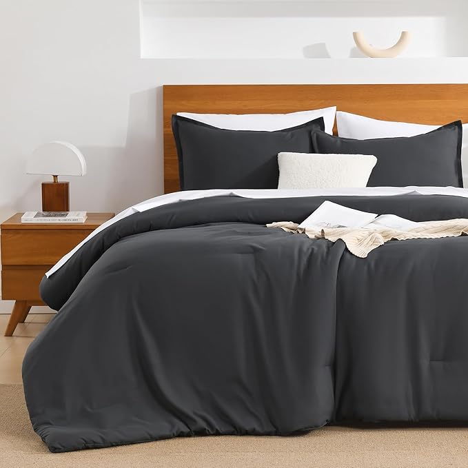 Andency Dark Grey California King Comforter Set - 7 Pieces Gray Cal King Bedding Comforter Sets, Summer Plain Soft Lightweight Comforter with Fitted Sheets, Flat Sheets, Pillowcases & Shams